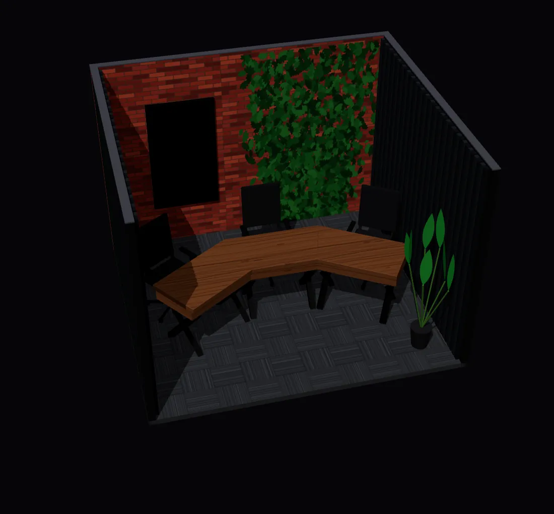 Sala Mesa do estúdio de podcast em 3D: acabamento e acústica