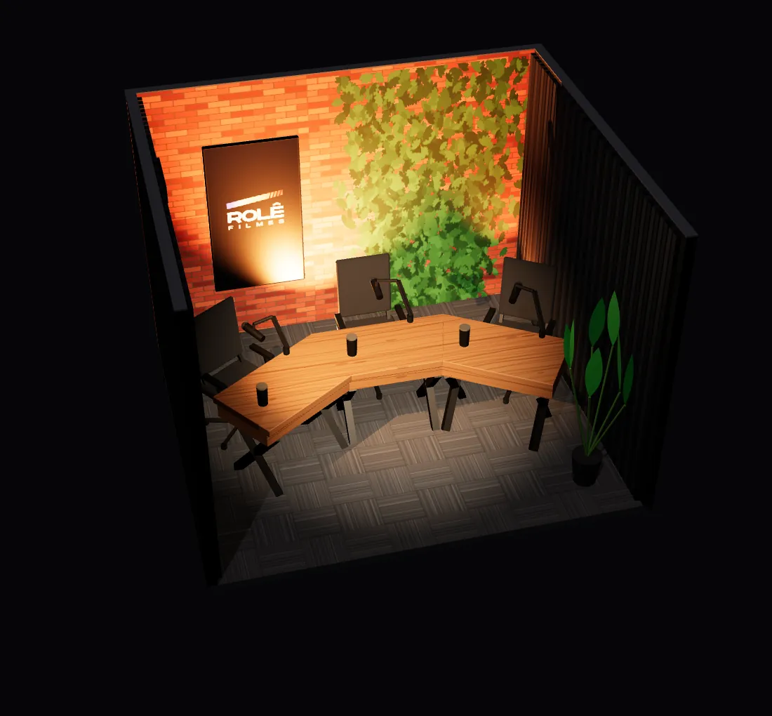 Sala Mesa do estúdio de podcast em 3D: equipamentos e luz