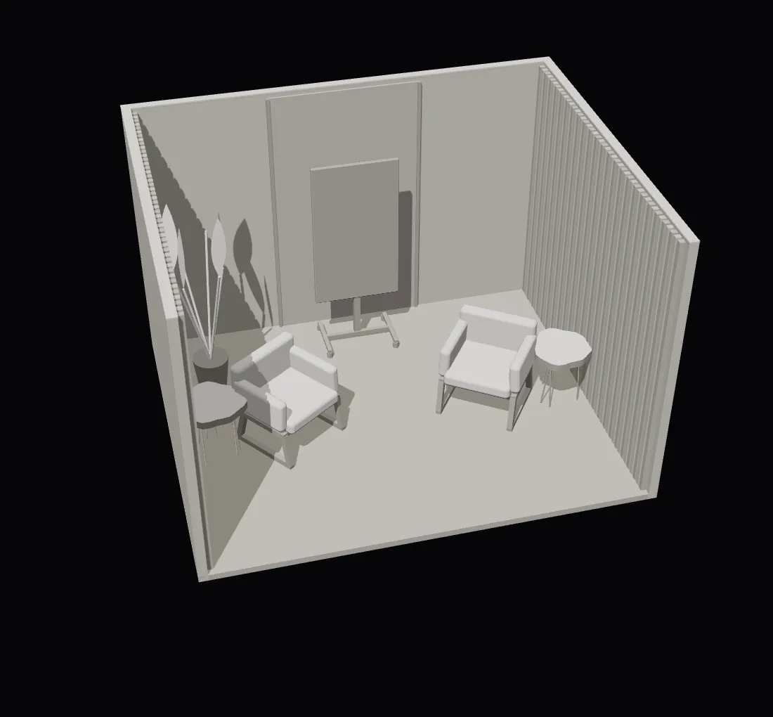 Sala Poltrona do estúdio de podcast em 3D: maquete 3D