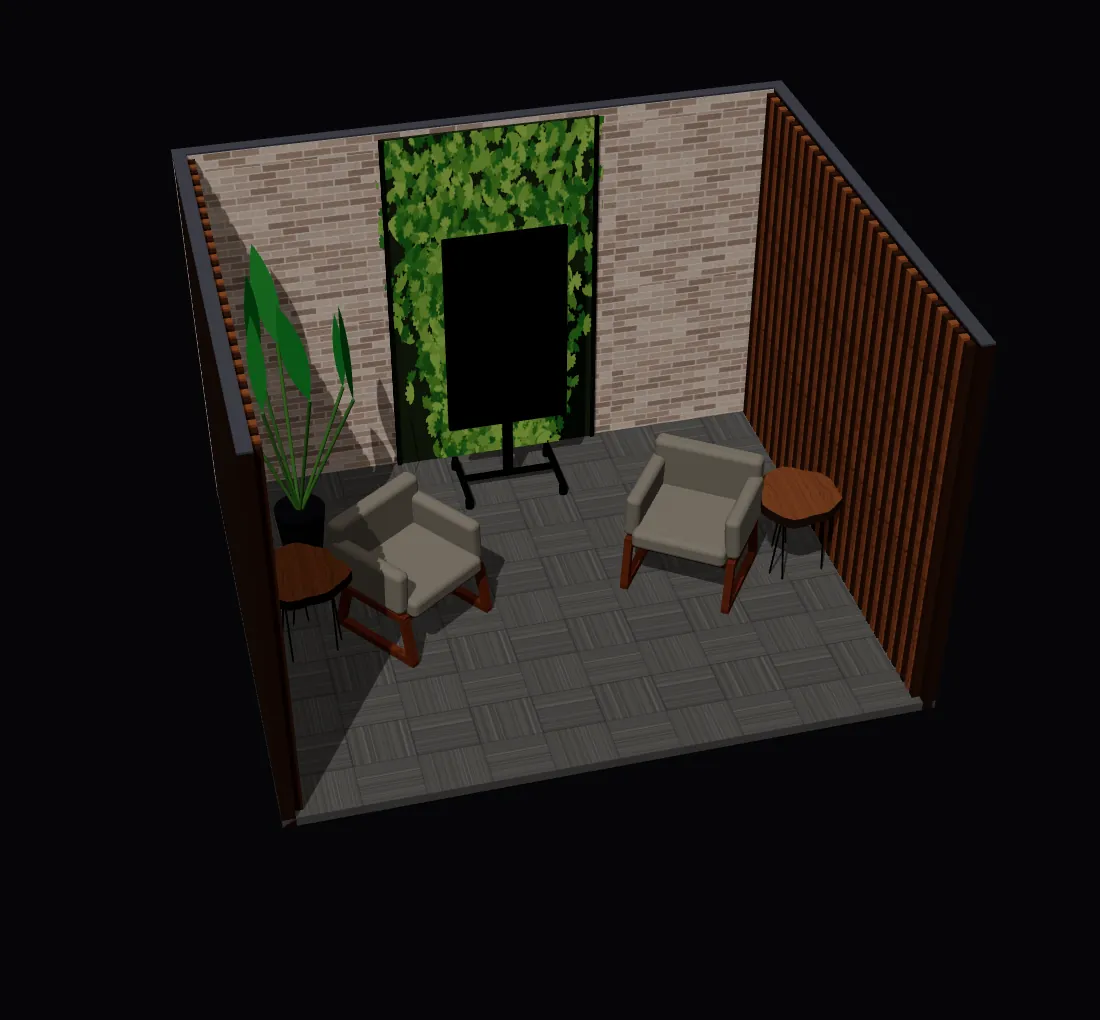 Sala Poltrona do estúdio de podcast em 3D: acabamento e acústica