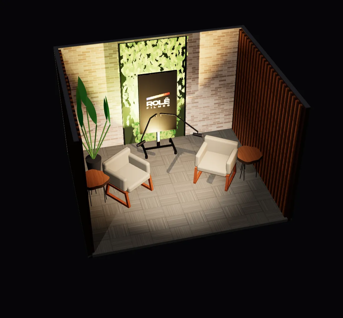 Sala Poltrona do estúdio de podcast em 3D: equipamentos e luz